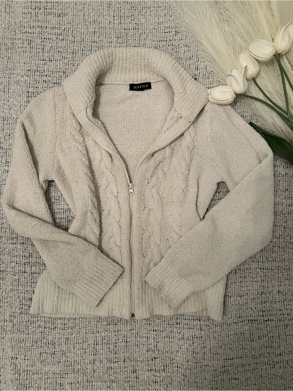 Jessica Cream Cable-Knit Zip Cardigan Sweater